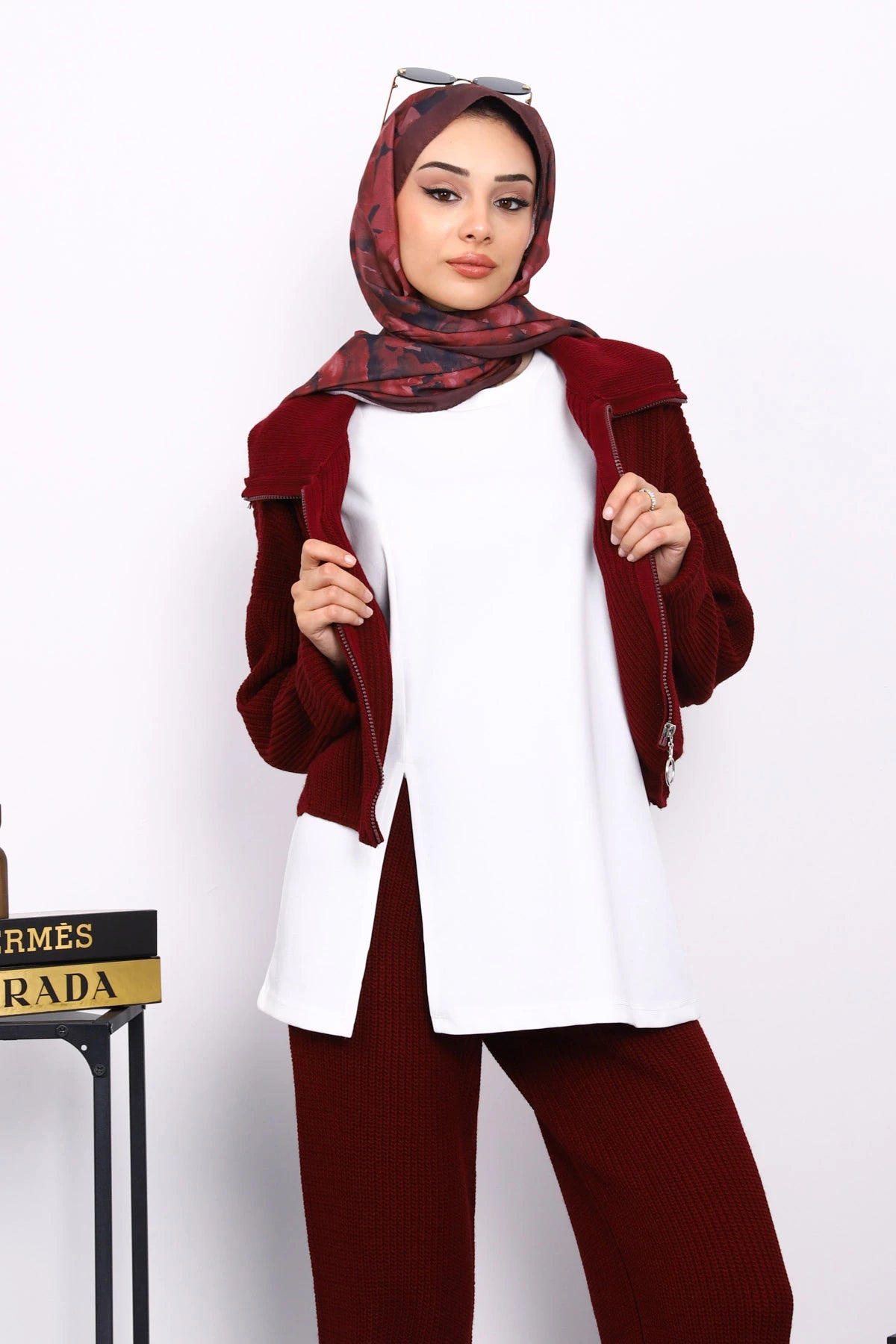 Bordo Fermuarlı Üçlü Triko Takım