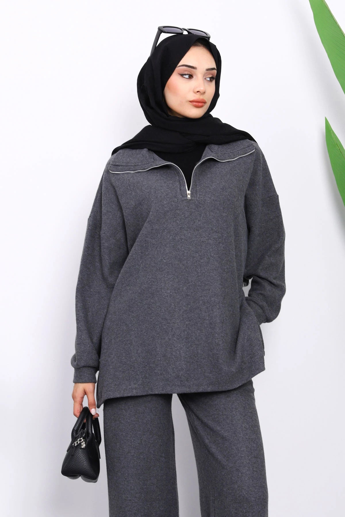 Füme Yaka Fermuarlı Tunik Pantolonlu Fitilli Takım