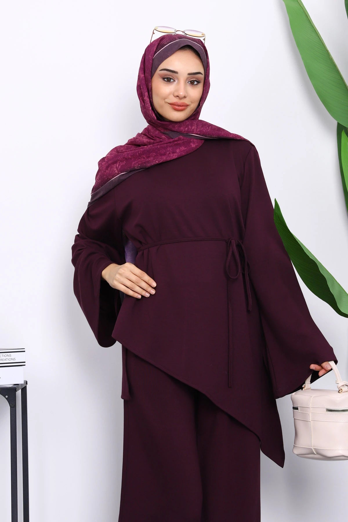 Mürdüm Asimetrik Kesim Tunik Pantolonlu Takım
