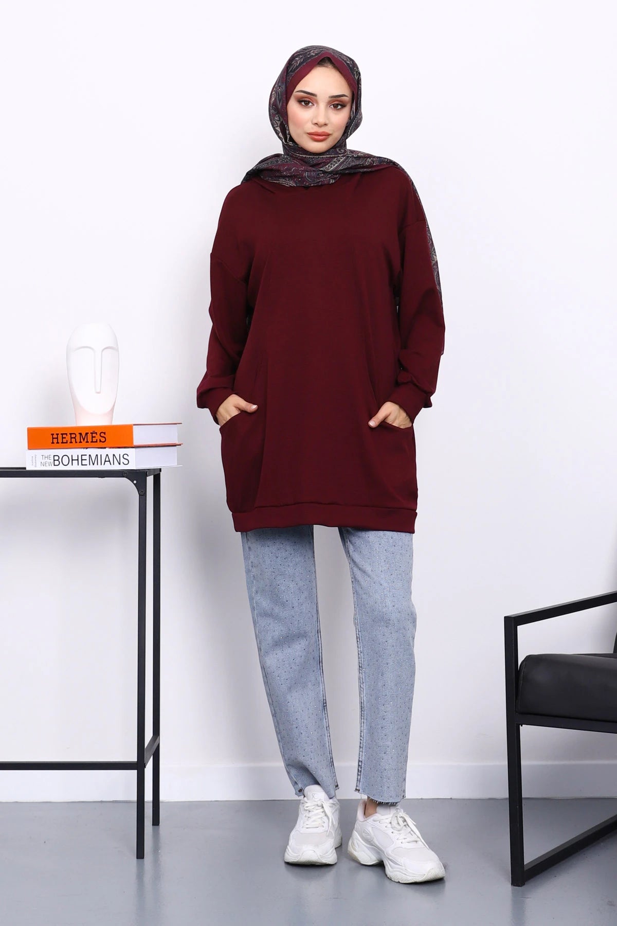 Mürdüm Kapşonlu Çift Cepli Sweat
