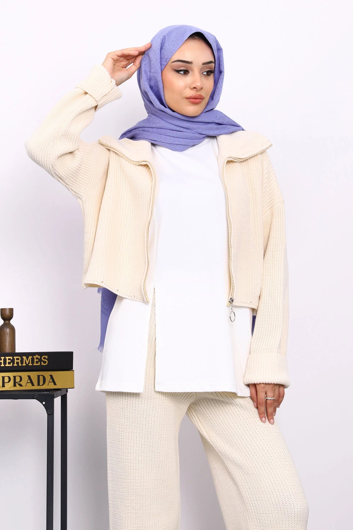 Taş Fermuarlı Üçlü Triko Takım