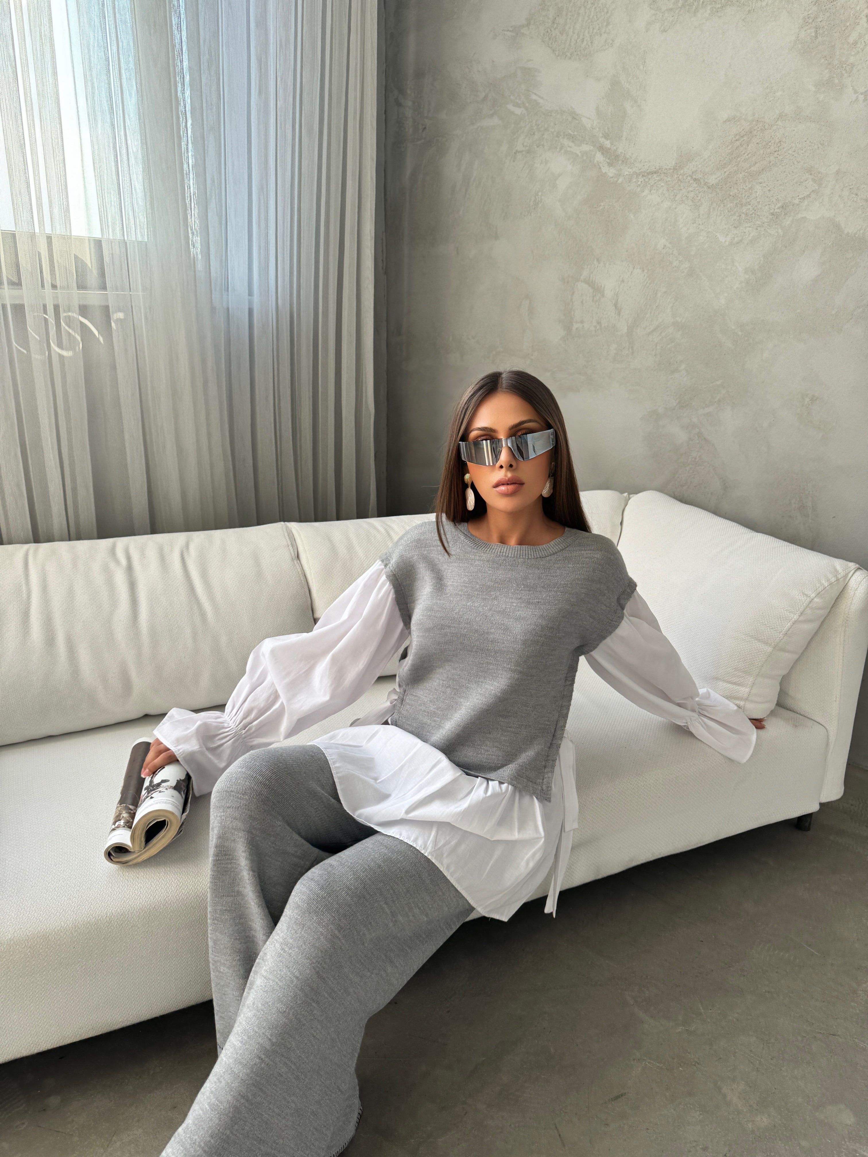 Gömlek Detaylı Triko Takım – Gri | Modern & Şık Kadın Takım 1305