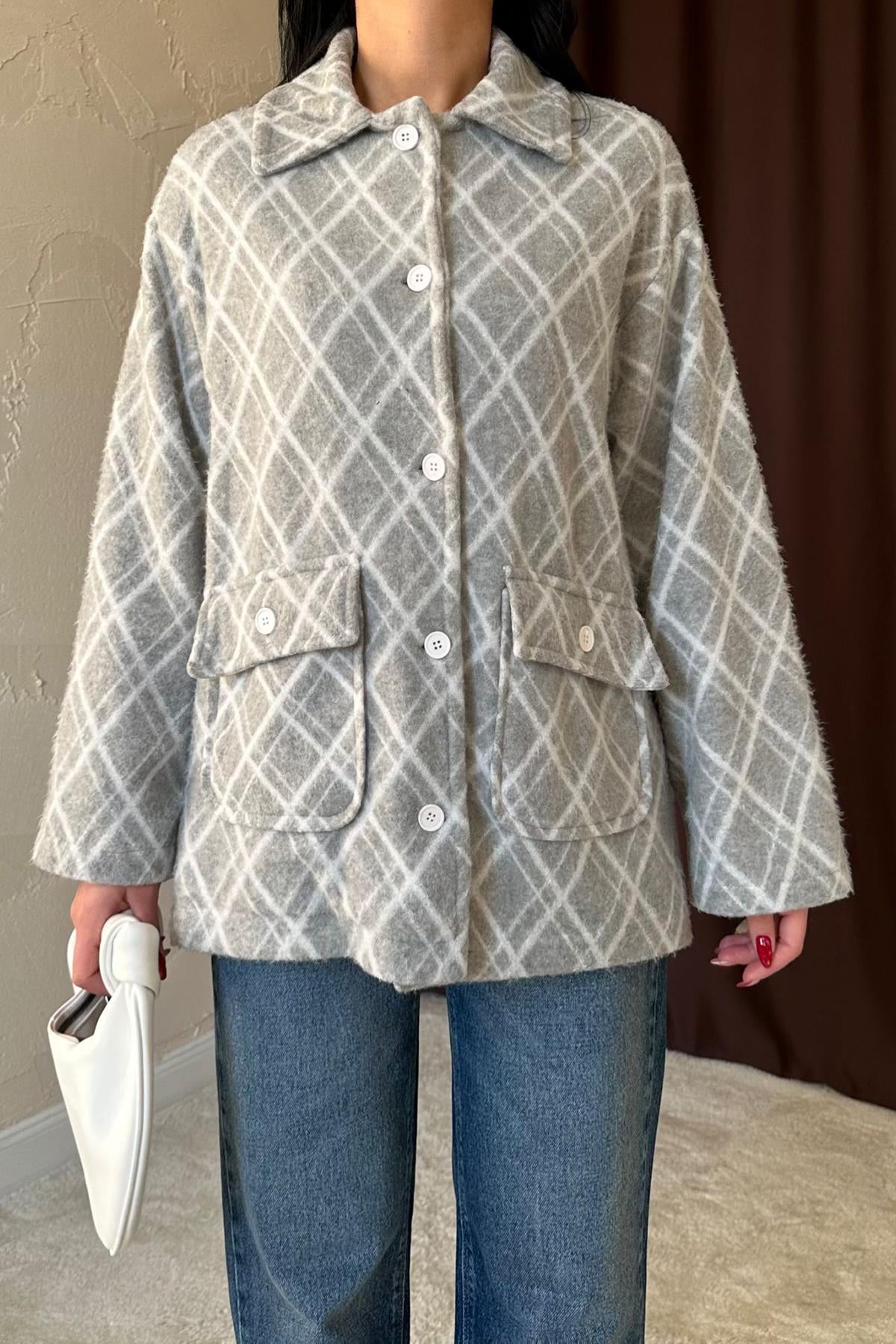 Gri Polar Baklava Desenli Ceket | Sıcak, Yumuşak & Modern Kadın Ceket 1402