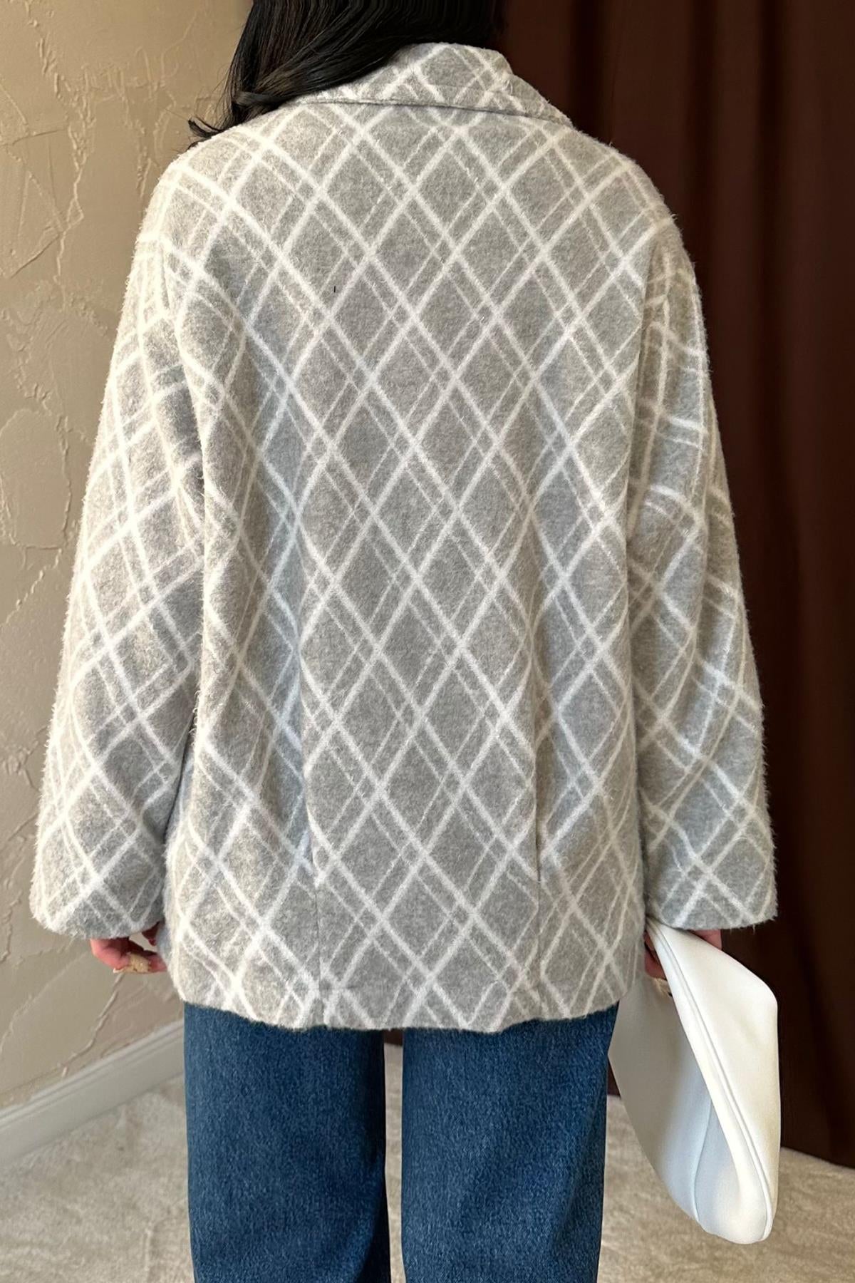 Gri Polar Baklava Desenli Ceket | Sıcak, Yumuşak & Modern Kadın Ceket 1402