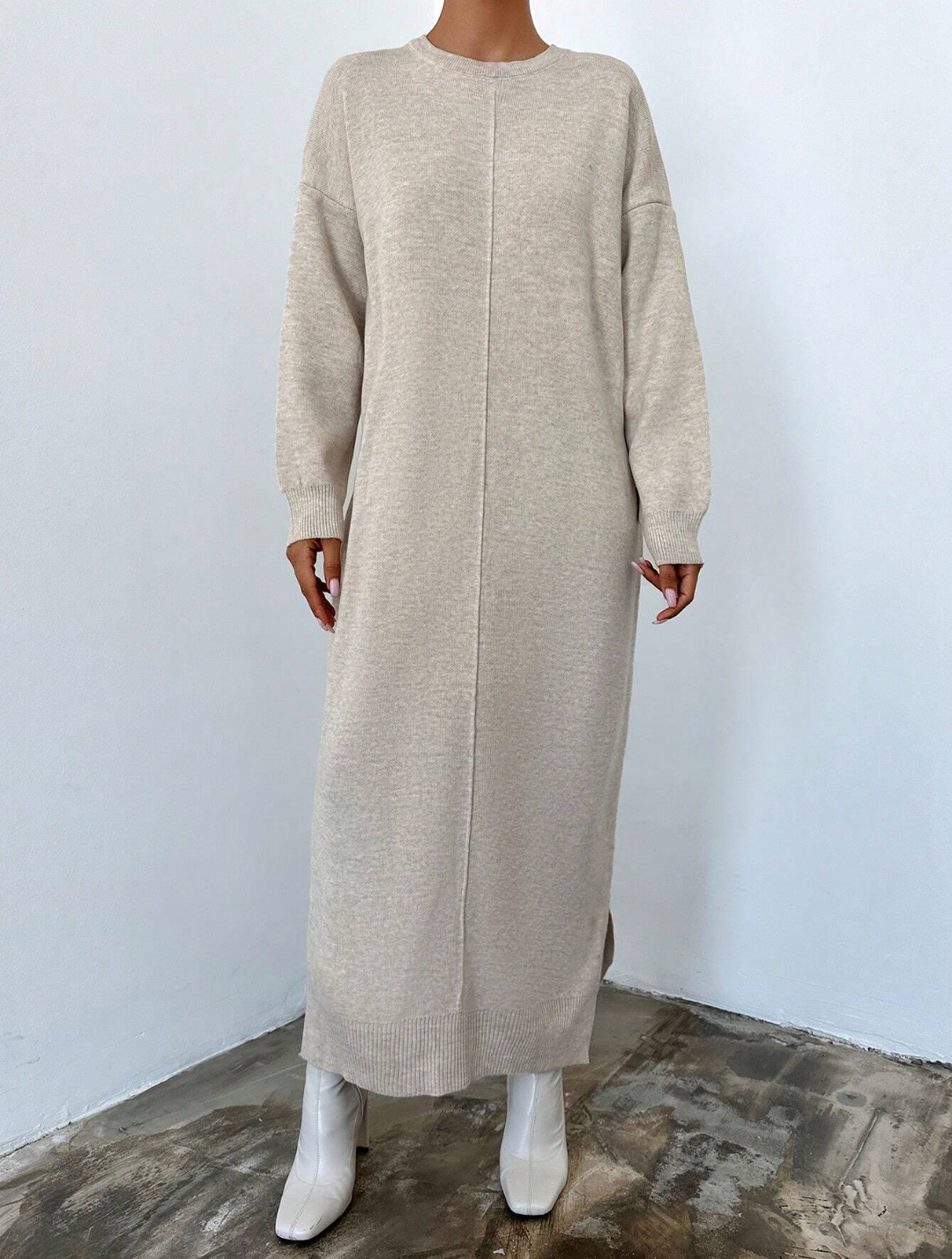 Triko Dikiş Detaylı Elbise – Taş Rengi | Şık & Zarif Kadın Elbise 1601