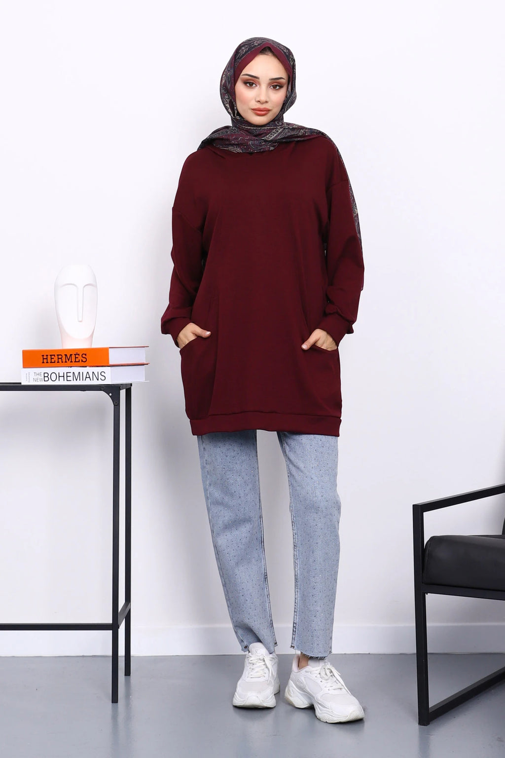 Mürdüm Kapşonlu Çift Cepli Sweat